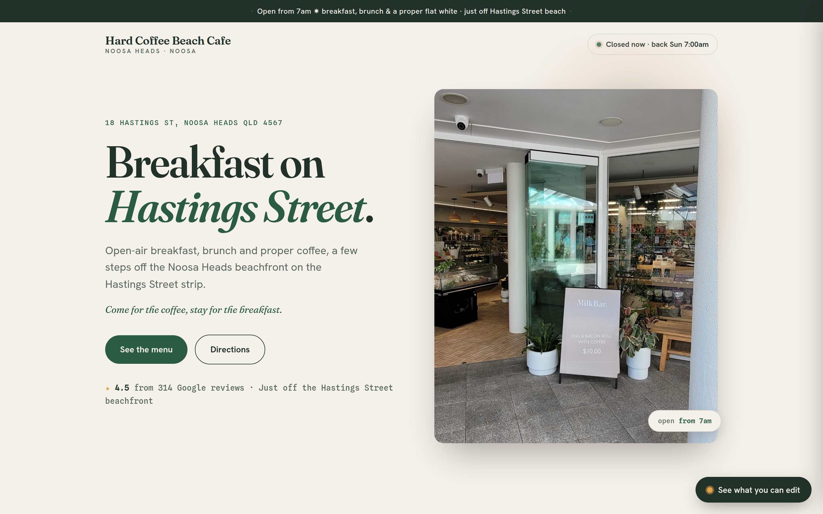 A real café website built by Servery: Hard Coffee Beach Cafe, Noosa Heads, with hero photo, menu and Google reviews